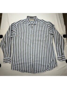Tommy Bahama Men's Dress Shirt Striped Pocket Cotton Long Sleeve Size XL Blue